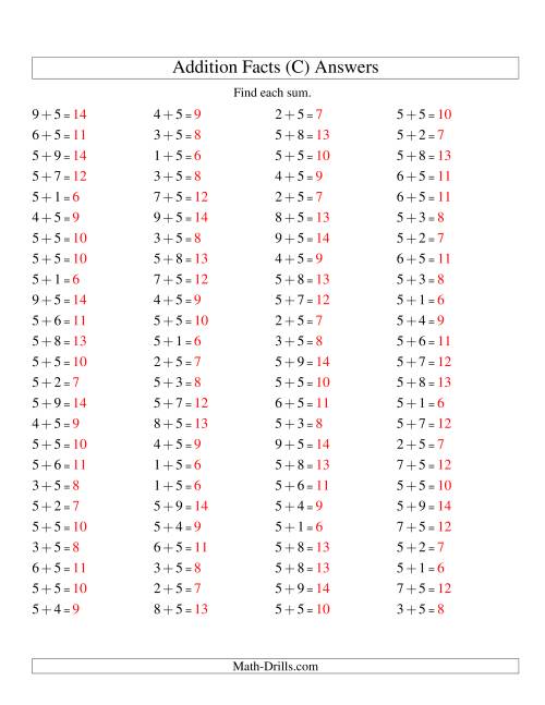 The Single Digit Addition -- 100 Horizontal Questions -- Adding Fives (C) Math Worksheet Page 2