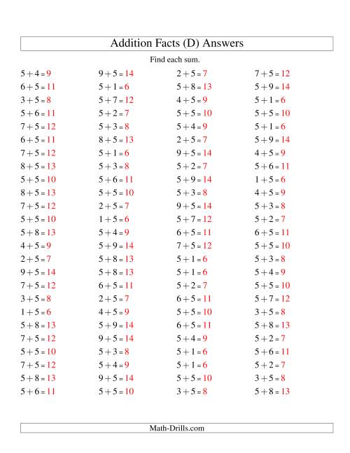 The Single Digit Addition -- 100 Horizontal Questions -- Adding Fives (D) Math Worksheet Page 2