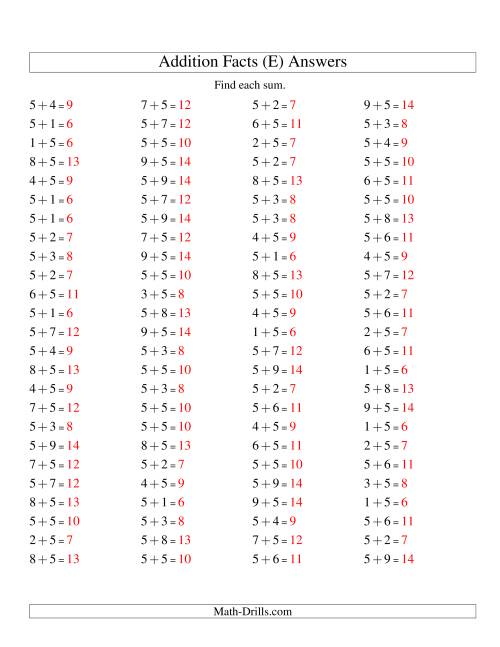 The Single Digit Addition -- 100 Horizontal Questions -- Adding Fives (E) Math Worksheet Page 2