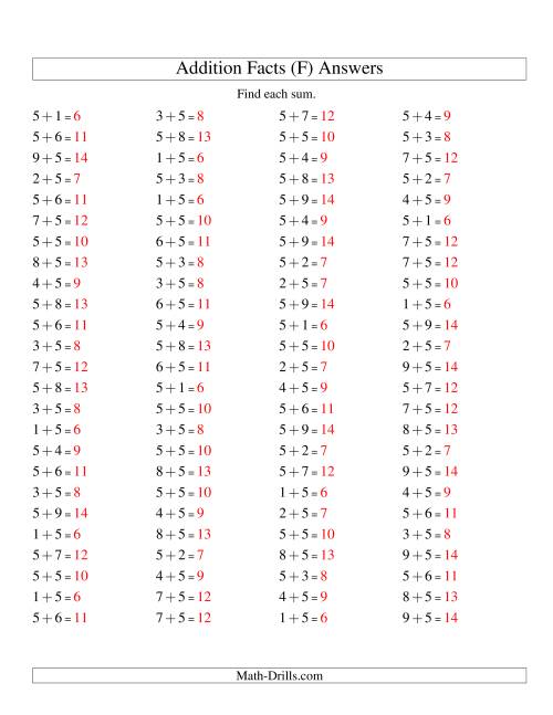 The Single Digit Addition -- 100 Horizontal Questions -- Adding Fives (F) Math Worksheet Page 2