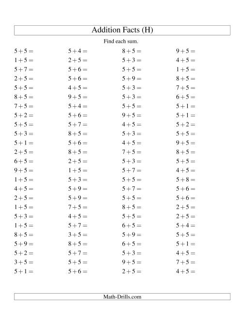 The Single Digit Addition -- 100 Horizontal Questions -- Adding Fives (H) Math Worksheet