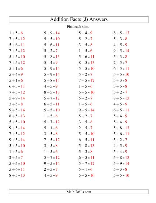 The Single Digit Addition -- 100 Horizontal Questions -- Adding Fives (J) Math Worksheet Page 2