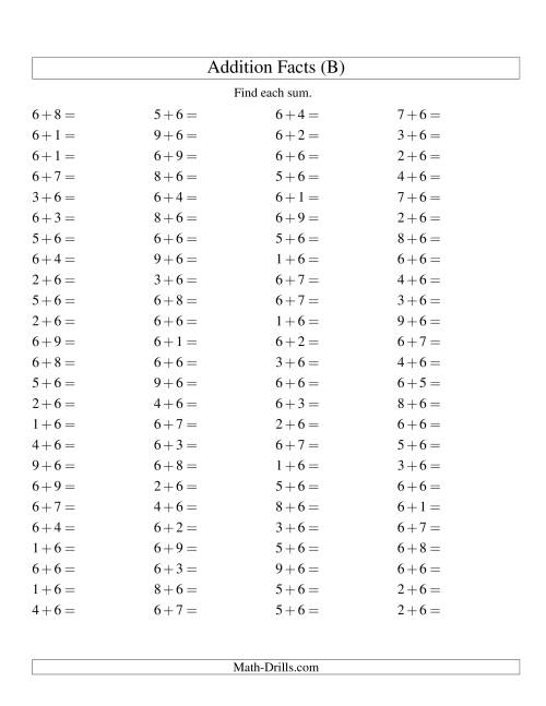 The Single Digit Addition -- 100 Horizontal Questions -- Adding Sixes (B) Math Worksheet