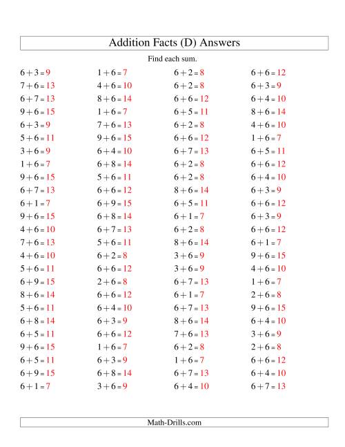 The Single Digit Addition -- 100 Horizontal Questions -- Adding Sixes (D) Math Worksheet Page 2