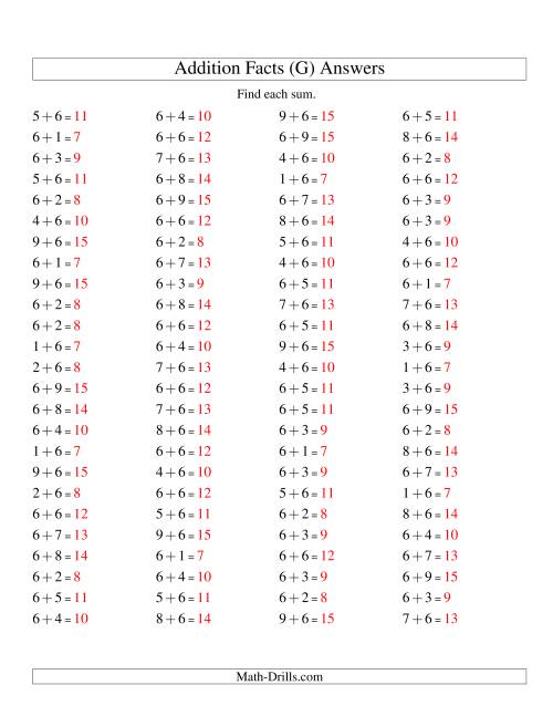 The Single Digit Addition -- 100 Horizontal Questions -- Adding Sixes (G) Math Worksheet Page 2