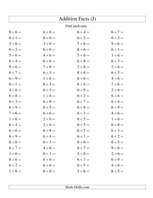 The Single Digit Addition -- 100 Horizontal Questions -- Adding Sixes (J) Math Worksheet