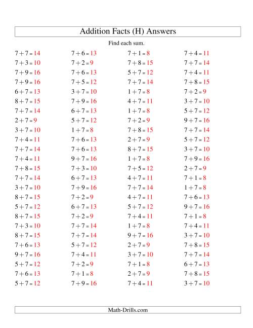 The Single Digit Addition -- 100 Horizontal Questions -- Adding Sevens (H) Math Worksheet Page 2