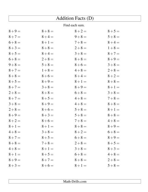 The Single Digit Addition -- 100 Horizontal Questions -- Adding Eights (D) Math Worksheet
