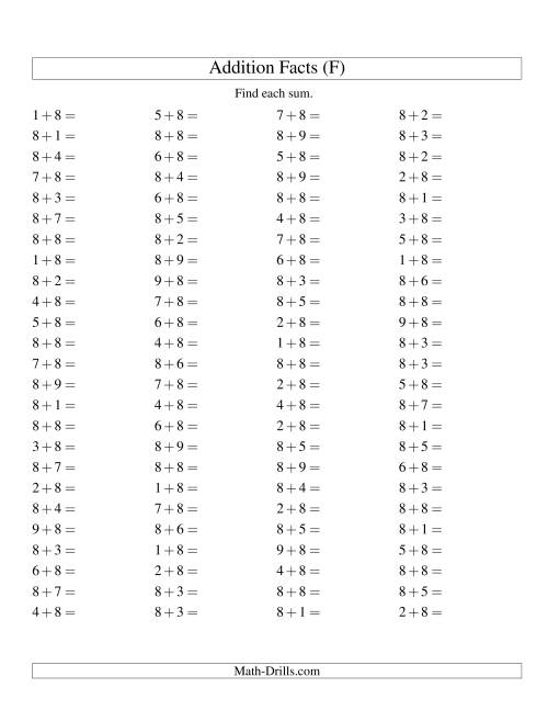 The Single Digit Addition -- 100 Horizontal Questions -- Adding Eights (F) Math Worksheet