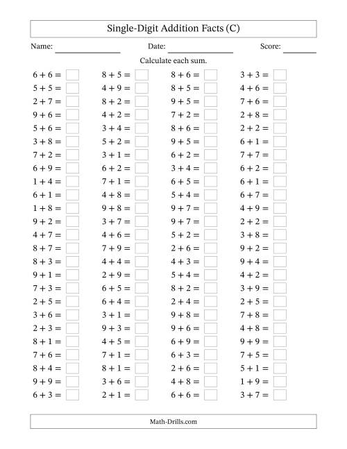 The Horizontally Arranged Single-Digit Addition Facts with Some Regrouping (100 Questions) (C) Math Worksheet