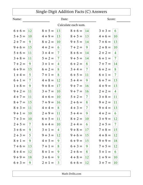 The Horizontally Arranged Single-Digit Addition Facts with Some Regrouping (100 Questions) (C) Math Worksheet Page 2