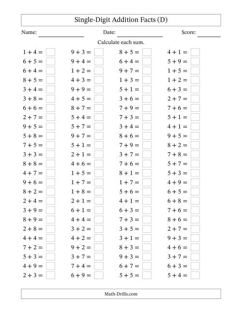 The Horizontally Arranged Single-Digit Addition Facts with Some Regrouping (100 Questions) (D) Math Worksheet