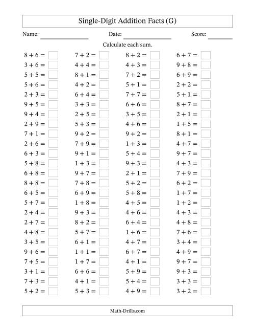 The Horizontally Arranged Single-Digit Addition Facts with Some Regrouping (100 Questions) (G) Math Worksheet