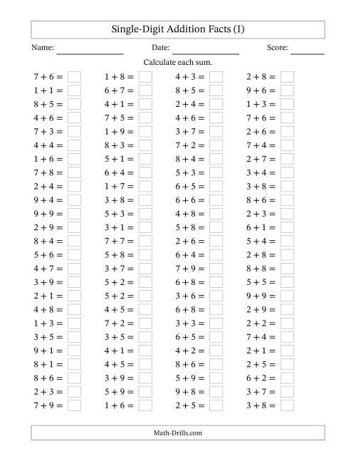 The Horizontally Arranged Single-Digit Addition Facts with Some Regrouping (100 Questions) (I) Math Worksheet