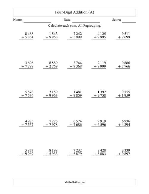 The Four-Digit Addition With All Regrouping – 25 Questions – Space Separated Thousands (A) Math Worksheet