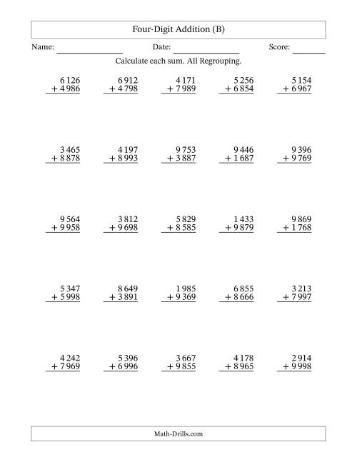 The Four-Digit Addition With All Regrouping – 25 Questions – Space Separated Thousands (B) Math Worksheet
