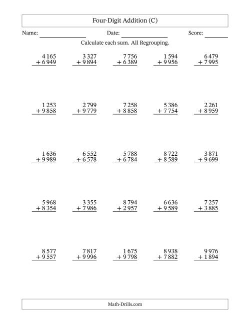 The Four-Digit Addition With All Regrouping – 25 Questions – Space Separated Thousands (C) Math Worksheet