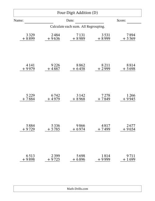 The Four-Digit Addition With All Regrouping – 25 Questions – Space Separated Thousands (D) Math Worksheet