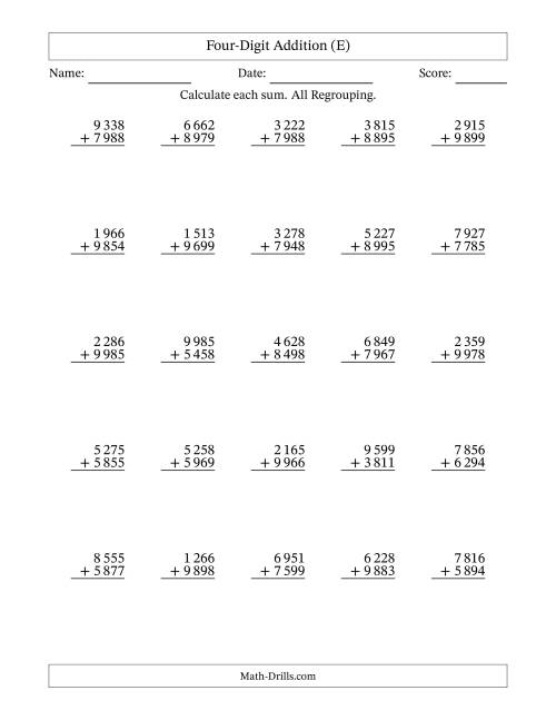 The Four-Digit Addition With All Regrouping – 25 Questions – Space Separated Thousands (E) Math Worksheet