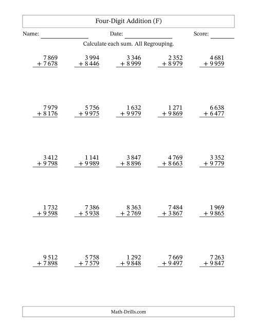 The Four-Digit Addition With All Regrouping – 25 Questions – Space Separated Thousands (F) Math Worksheet