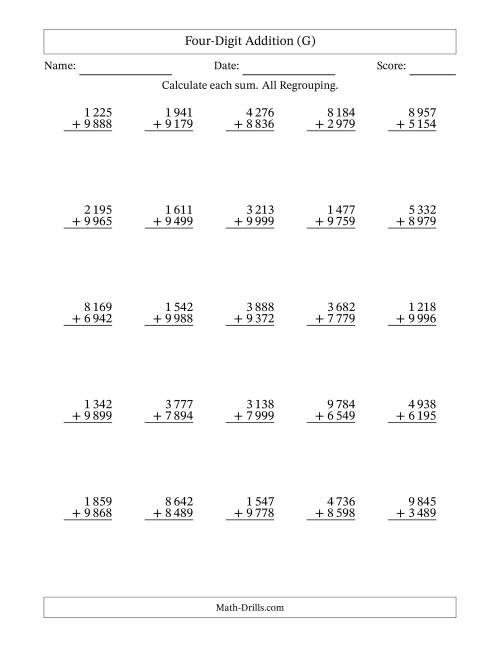 The Four-Digit Addition With All Regrouping – 25 Questions – Space Separated Thousands (G) Math Worksheet