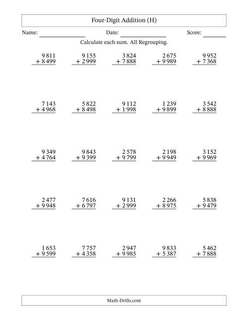 The Four-Digit Addition With All Regrouping – 25 Questions – Space Separated Thousands (H) Math Worksheet