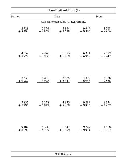 The Four-Digit Addition With All Regrouping – 25 Questions – Space Separated Thousands (I) Math Worksheet