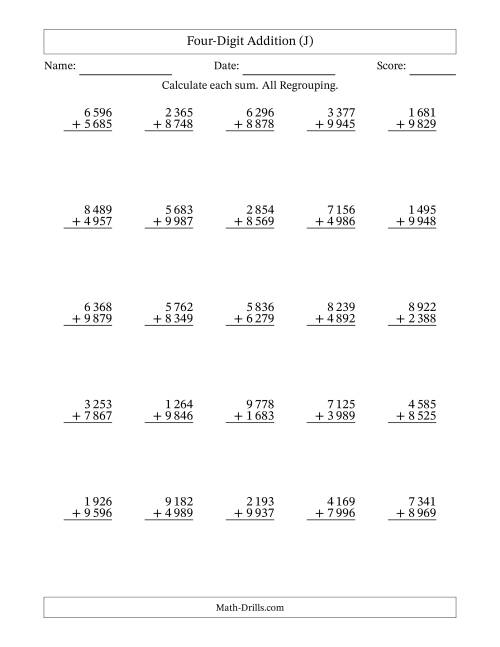 The Four-Digit Addition With All Regrouping – 25 Questions – Space Separated Thousands (J) Math Worksheet
