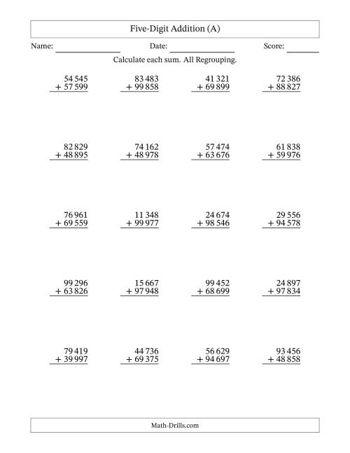 The Five-Digit Addition With All Regrouping – 20 Questions – Space Separated Thousands (A) Math Worksheet