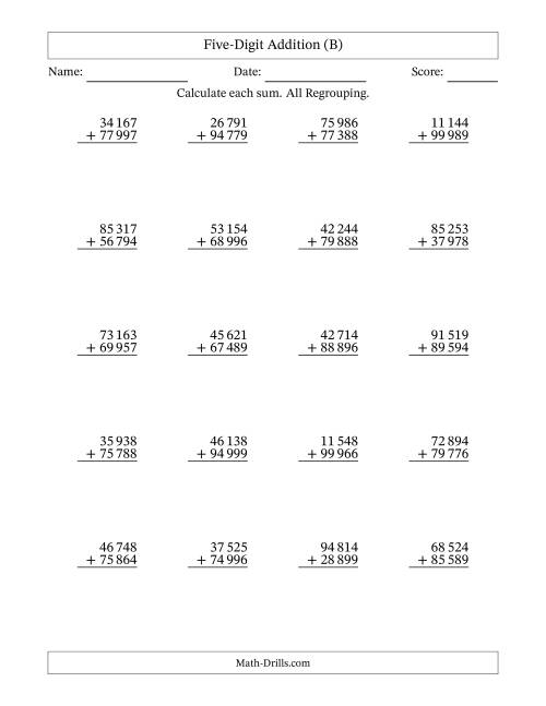The Five-Digit Addition With All Regrouping – 20 Questions – Space Separated Thousands (B) Math Worksheet