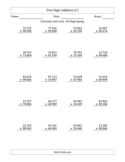The Five-Digit Addition With All Regrouping – 20 Questions – Space Separated Thousands (C) Math Worksheet