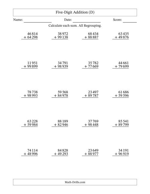 The Five-Digit Addition With All Regrouping – 20 Questions – Space Separated Thousands (D) Math Worksheet