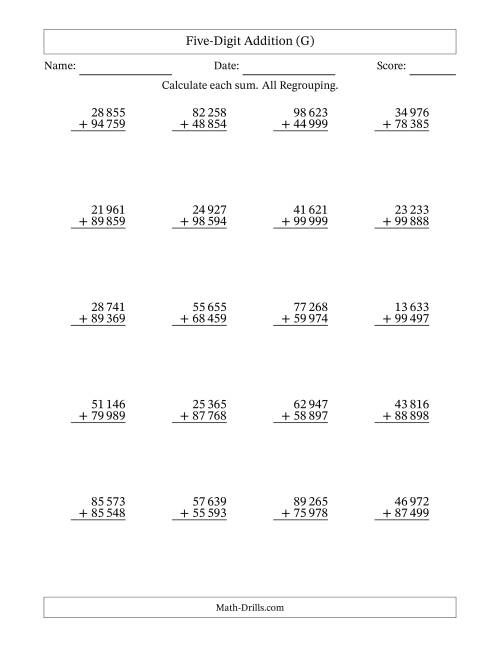 The Five-Digit Addition With All Regrouping – 20 Questions – Space Separated Thousands (G) Math Worksheet