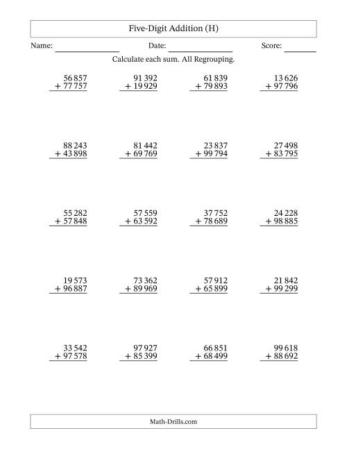 The Five-Digit Addition With All Regrouping – 20 Questions – Space Separated Thousands (H) Math Worksheet