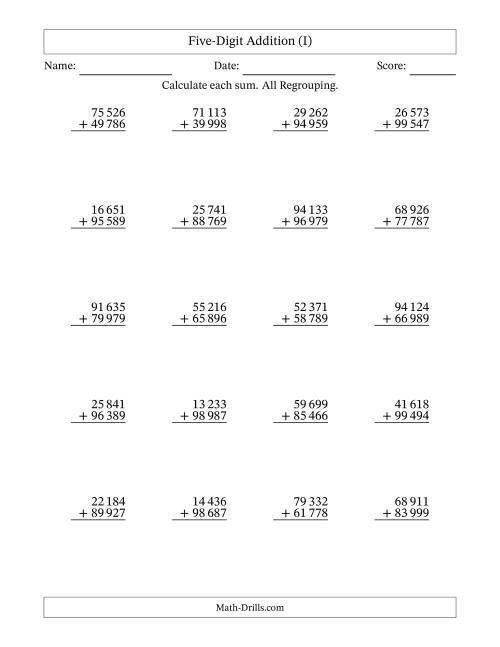 The Five-Digit Addition With All Regrouping – 20 Questions – Space Separated Thousands (I) Math Worksheet