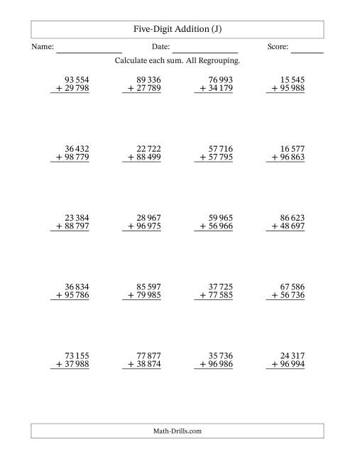 The Five-Digit Addition With All Regrouping – 20 Questions – Space Separated Thousands (J) Math Worksheet