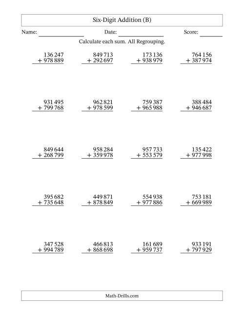 The Six-Digit Addition With All Regrouping – 20 Questions – Space Separated Thousands (B) Math Worksheet