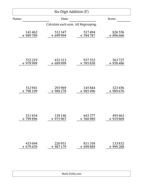 The Six-Digit Addition With All Regrouping – 20 Questions – Space Separated Thousands (F) Math Worksheet