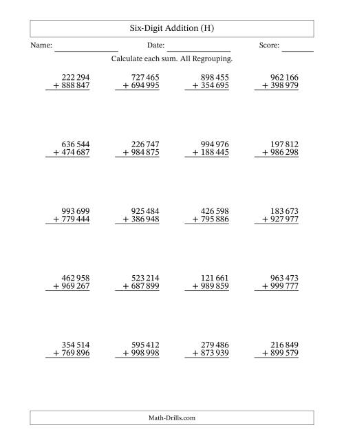 The Six-Digit Addition With All Regrouping – 20 Questions – Space Separated Thousands (H) Math Worksheet