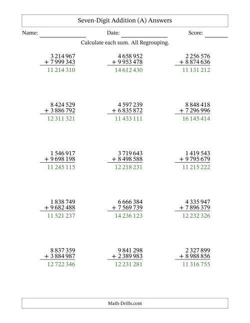 The Seven-Digit Addition With All Regrouping – 15 Questions – Space Separated Thousands (All) Math Worksheet Page 2
