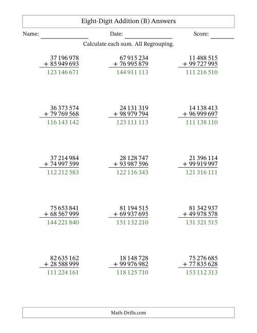 The 8-Digit Plus 8-Digit Addtion with ALL Regrouping and Space-Separated Thousands (B) Math Worksheet Page 2