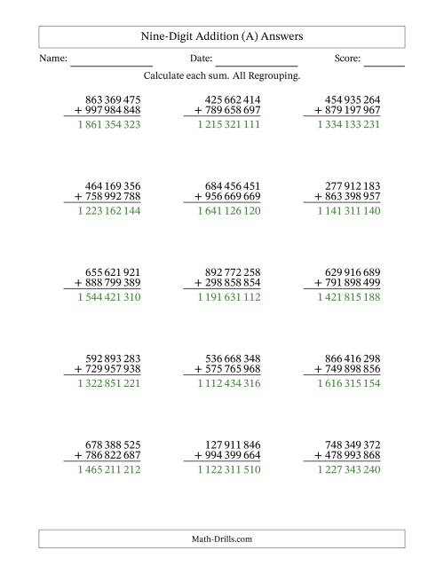 The 9-Digit Plus 9-Digit Addtion with ALL Regrouping and Space-Separated Thousands (A) Math Worksheet Page 2