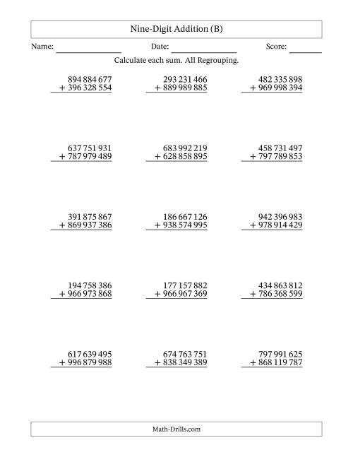The 9-Digit Plus 9-Digit Addtion with ALL Regrouping and Space-Separated Thousands (B) Math Worksheet