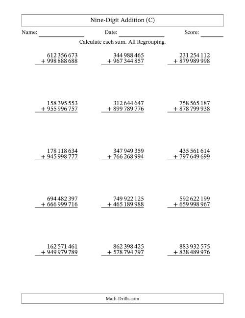 The 9-Digit Plus 9-Digit Addtion with ALL Regrouping and Space-Separated Thousands (C) Math Worksheet