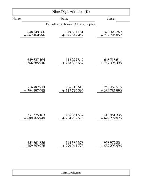 The 9-Digit Plus 9-Digit Addtion with ALL Regrouping and Space-Separated Thousands (D) Math Worksheet