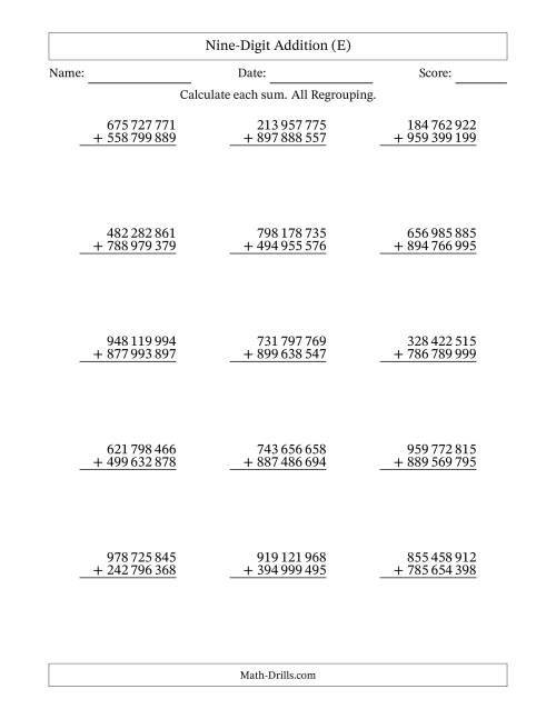 The 9-Digit Plus 9-Digit Addtion with ALL Regrouping and Space-Separated Thousands (E) Math Worksheet