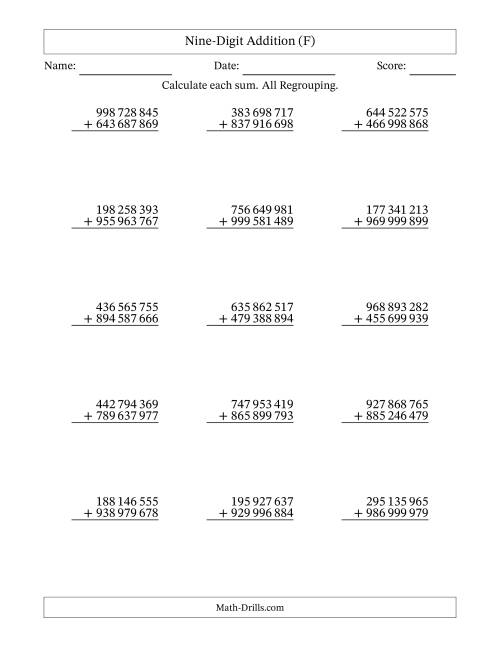 The 9-Digit Plus 9-Digit Addtion with ALL Regrouping and Space-Separated Thousands (F) Math Worksheet