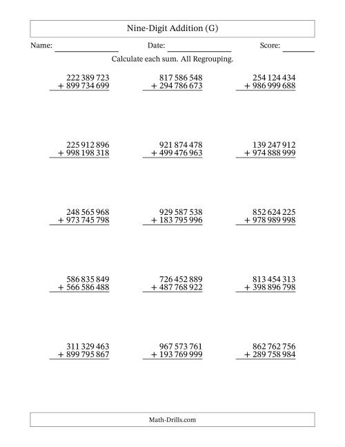 The 9-Digit Plus 9-Digit Addtion with ALL Regrouping and Space-Separated Thousands (G) Math Worksheet