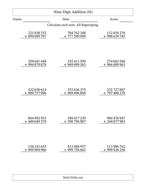 The 9-Digit Plus 9-Digit Addtion with ALL Regrouping and Space-Separated Thousands (H) Math Worksheet