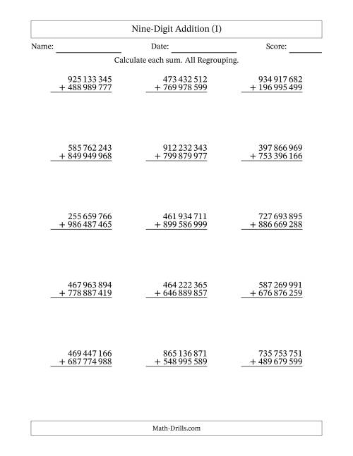 The 9-Digit Plus 9-Digit Addtion with ALL Regrouping and Space-Separated Thousands (I) Math Worksheet